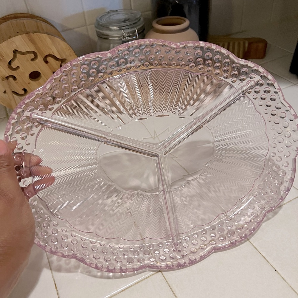 Glass serving dish with 3 compartments.